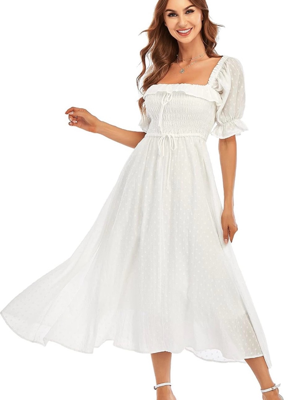 White Swiss Dot Puff Sleeve Midi Dress